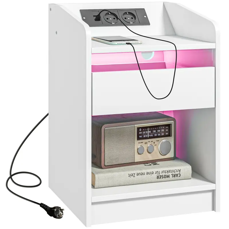 Mesilla de Noche con Luces LED Cajón Estante Estación de Carga Puertos USB y Control Remoto 40x40x58 cm Blanco