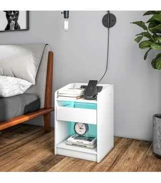 Mesilla de Noche con Luces LED Cajón Estante Estación de Carga Puertos USB y Control Remoto 40x40x58 cm Blanco