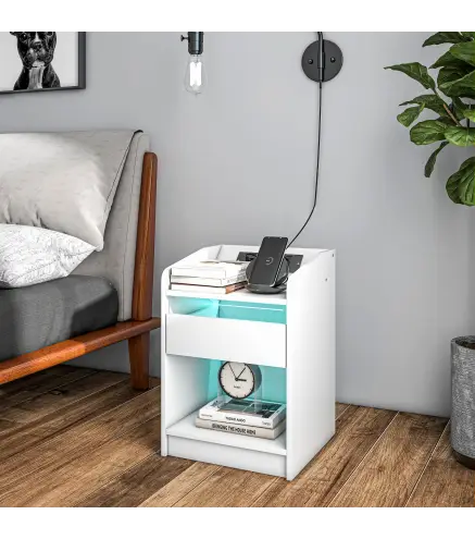 Mesilla de Noche con Luces LED Cajón Estante Estación de Carga Puertos USB y Control Remoto 40x40x58 cm Blanco