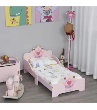 Cama Infantil de +3 Anos 143x73x60 cm con Estampado de Corona Carga 50 kg para Dormitorio Rosa