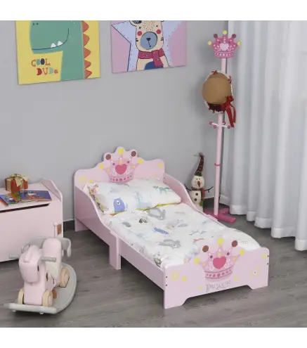 Cama Infantil de +3 Años 143x73x60 cm con Estampado de Corona Carga 50 kg para Dormitorio Rosa
