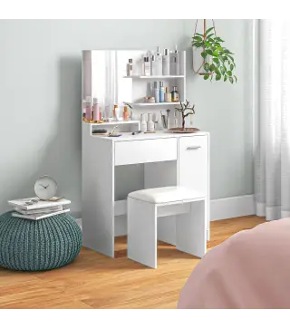 Tocador de Maquillaje con Taburete Espejo Cajón Estante Ajustable y Estantes Abiertos Anti-vuelco Blanco y Beige