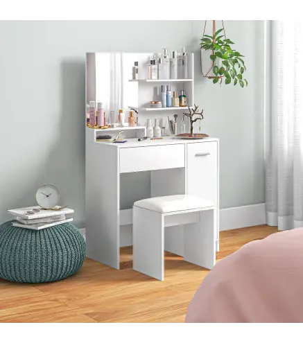 Tocador de Maquillaje con Taburete Espejo Cajón Estante Ajustable y Estantes Abiertos Anti-vuelco Blanco y Beige
