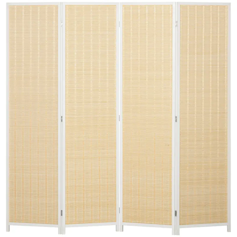 Biombo de 4 Paneles Plegable 180x180 cm Separador de Ambientes Tejido a Mano de Bambú Decoración para Salón Blanco