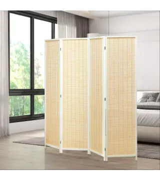Biombo de 4 Paneles Plegable 180x180 cm Separador de Ambientes Tejido a Mano de Bambú Decoración para Salón Blanco