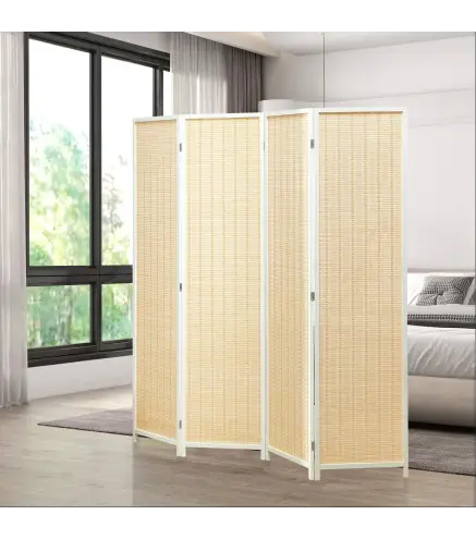 Biombo de 4 Paneles Plegable 180x180 cm Separador de Ambientes Tejido a Mano de Bambú Decoración para Salón Blanco