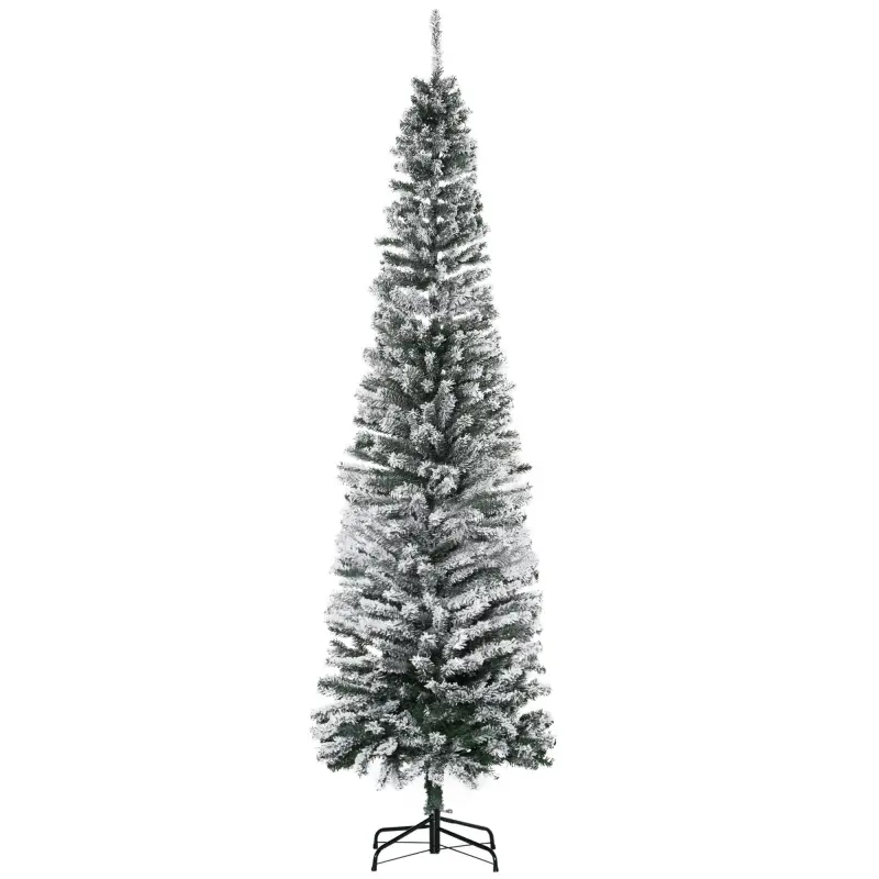 Árbol de Navidad Estrecho 225 cm Árbol Navideño Nevado con 738 Ramas y Soporte de Metal para Salón Verde y Blanco