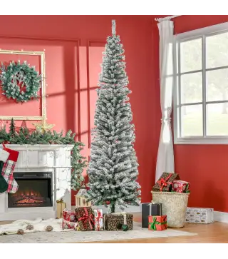 Árbol de Navidad Estrecho 225 cm Árbol Navideño Nevado con 738 Ramas y Soporte de Metal para Salón Verde y Blanco