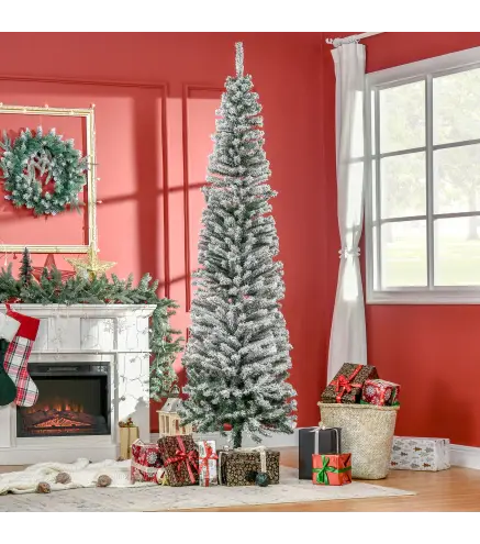 Árbol de Navidad Estrecho 225 cm Árbol Navideño Nevado con 738 Ramas y Soporte de Metal para Salón Verde y Blanco