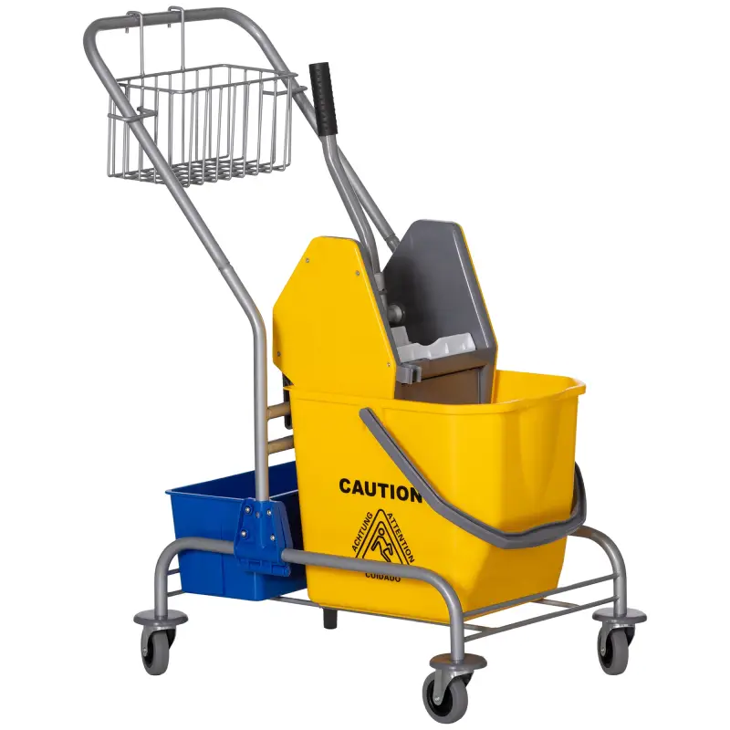Carro de Limpieza con Cubos de Fregona de 25L Escurridor Cubeta y Estantes para Hotel Oficina 72x49,5x95 cm Amarillo