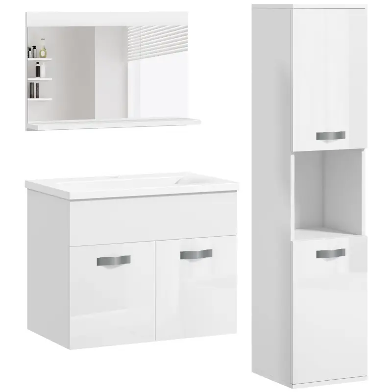 Conjunto de Muebles de Baño de Pared 3 Piezas Incluye Espejo Armario con Lavabo Cerámico y Columna de Baño Blanco