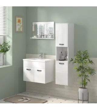 Conjunto de Muebles de Baño de Pared 3 Piezas Incluye Espejo Armario con Lavabo Cerámico y Columna de Baño Blanco