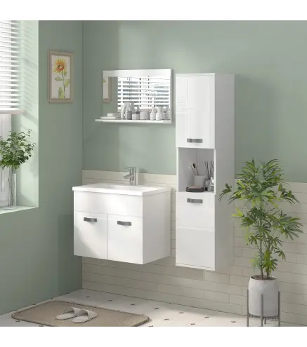 Conjunto de Muebles de Baño de Pared 3 Piezas Incluye Espejo Armario con Lavabo Cerámico y Columna de Baño Blanco