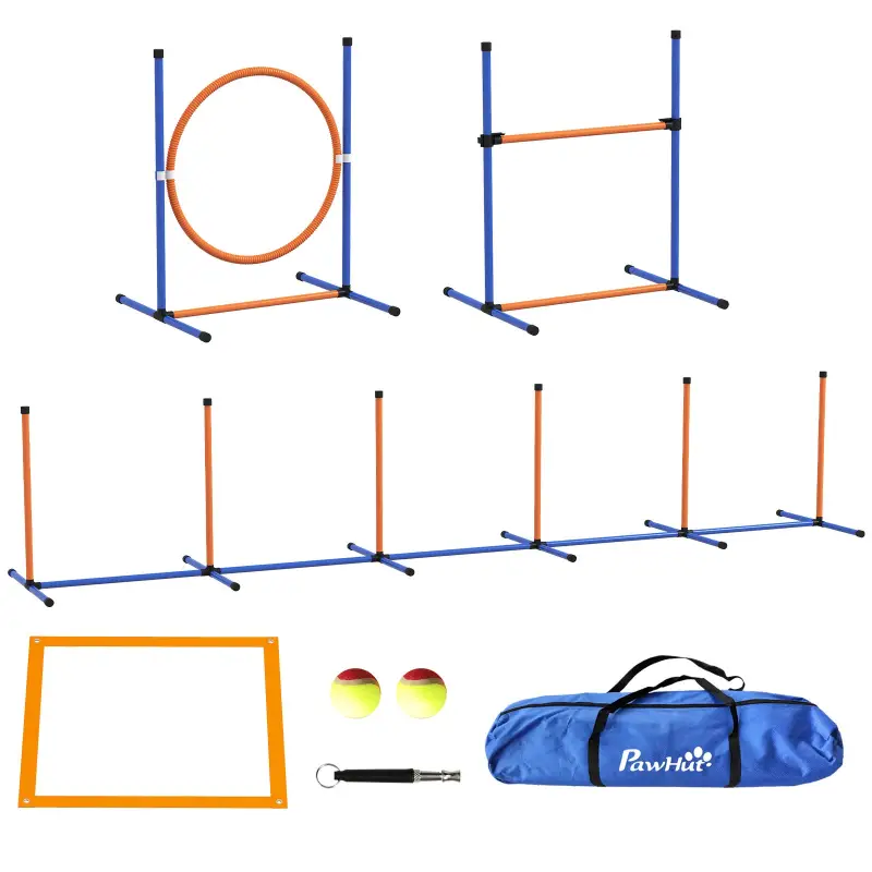 Juego de Agilidad para Perros de 4 Piezas con Piquetes para Slalom Zona de Reposo Valla y Anillo de Salto Naranja y Azul