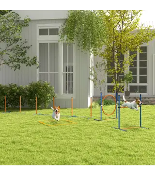 Juego de Agilidad para Perros de 4 Piezas con Piquetes para Slalom Zona de Reposo Valla y Anillo de Salto Naranja y Azul