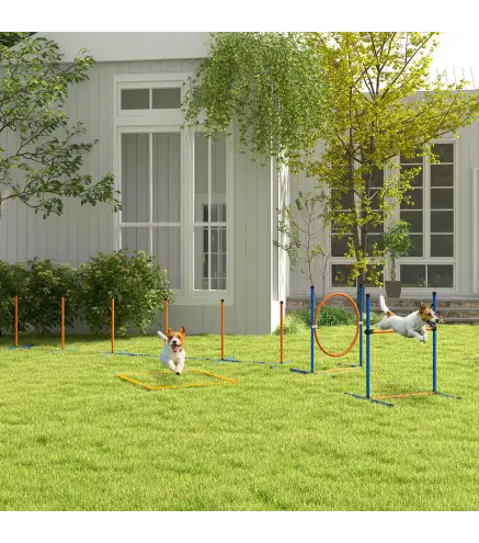 Juego de Agilidad para Perros de 4 Piezas con Piquetes para Slalom Zona de Reposo Valla y Anillo de Salto Naranja y Azul