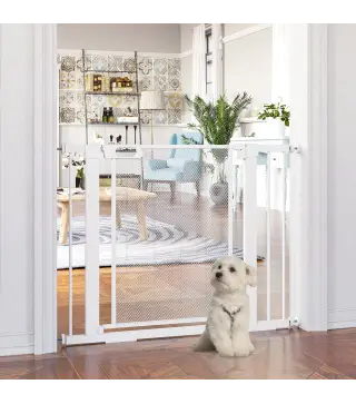 Barrera de Seguridad para Perros Extensible 75-103 cm Barrera Escaleras Puertas con Extensiones Cierre Automático Blanco