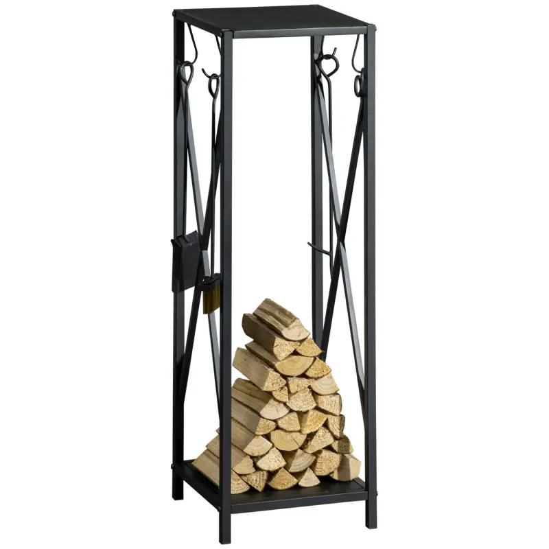 Estante de Leña Metálico Leñero de Exterior con Ganchos Pala Cepillo Atizador y Tenazas Carga 65 kg 34x34x111 cm Negro