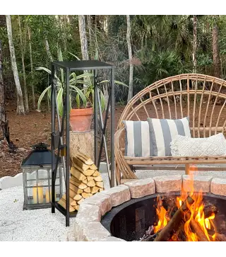 Estante de Leña Metálico Leñero de Exterior con Ganchos Pala Cepillo Atizador y Tenazas Carga 65 kg 34x34x111 cm Negro