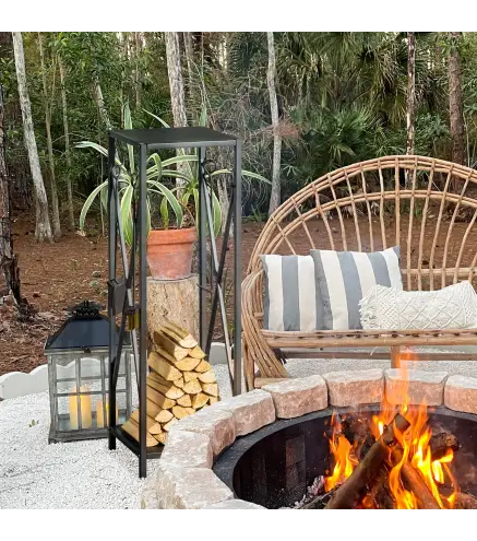 Estante de Leña Metálico Leñero de Exterior con Ganchos Pala Cepillo Atizador y Tenazas Carga 65 kg 34x34x111 cm Negro