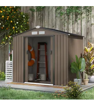 Caseta de Jardín Exterior con Base de Refuerzo Sin Suelo 213x130x185 cm con 2 Puertas Correderas y 4 Ventanas Marrón