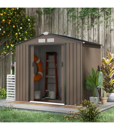 Caseta de Jardín Exterior con Base de Refuerzo Sin Suelo 213x130x185 cm con 2 Puertas Correderas y 4 Ventanas Marrón