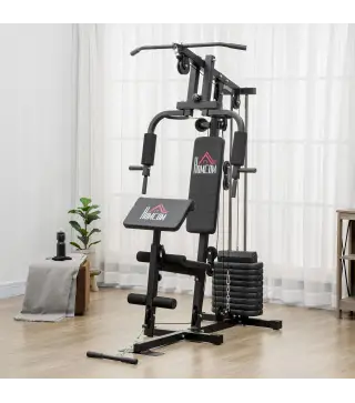 Máquina de Musculación con Placas de Peso de 45 kg Carga Max. 100 kg para Entrenamiento Fitness en Hogar Gimnasio Negro