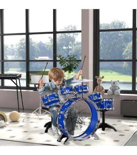 Batería para Niños de +3 Años con Tambores Bombo Platillo Pedal y Baquetas Diseño con Tema de Estrellas 65x22x57 cm Azul