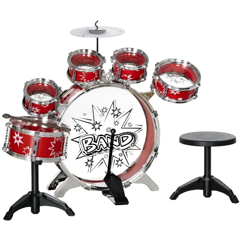 Batería para Niños de +3 Años con Tambores Bombo Platillo Pedal y Baquetas Diseño con Tema de Estrellas 65x22x57 cm Rojo