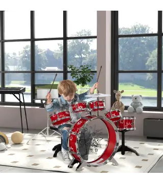 Batería para Niños de +3 Años con Tambores Bombo Platillo Pedal y Baquetas Diseño con Tema de Estrellas 65x22x57 cm Rojo