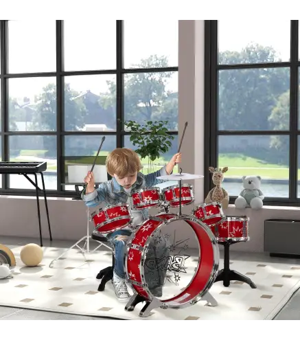 Batería para Niños de +3 Años con Tambores Bombo Platillo Pedal y Baquetas Diseño con Tema de Estrellas 65x22x57 cm Rojo