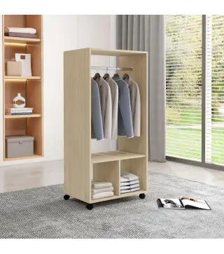 Armario Ropero con Ruedas Barra y Estantes para tener Ropa Colgada y Doblada 60x40x128 cm Natural