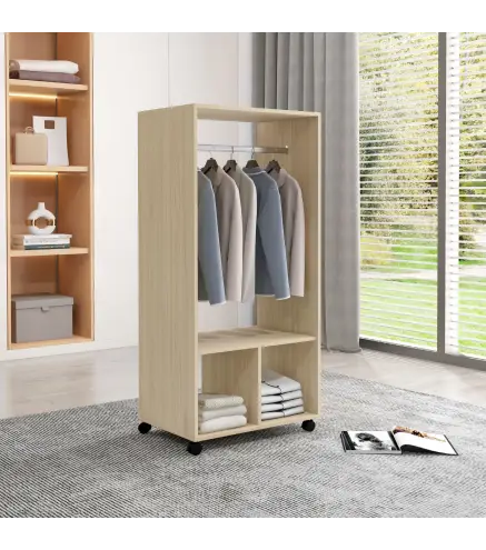 Armario Ropero con Ruedas Barra y Estantes para tener Ropa Colgada y Doblada 60x40x128 cm Natural