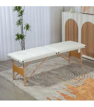 Camilla de Masaje Plegable con Marco de Madera con Altura Regulable y Bolsa de Transporte 186x60x58-81 cm Crema