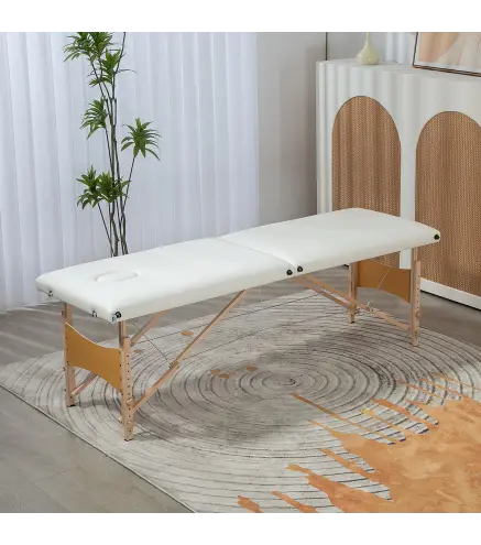 Camilla de Masaje Plegable con Marco de Madera con Altura Regulable y Bolsa de Transporte 186x60x58-81 cm Crema