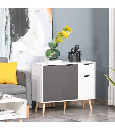 Aparador para Salón con 3 Puertas y Cajón Mueble Auxiliar para Salón Cocina Dormitorio 90x30x72 cm Blanco y Gris