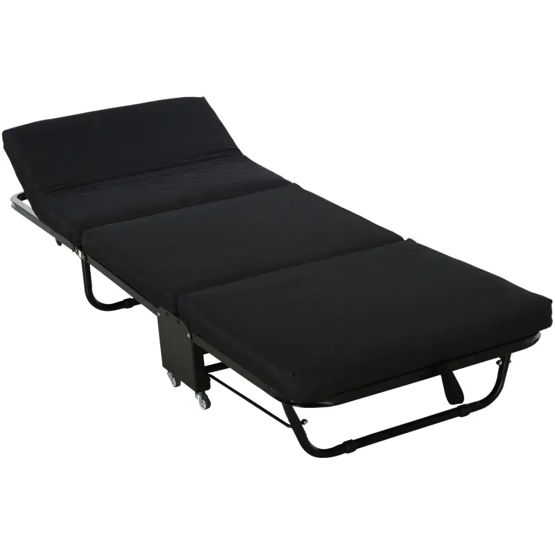 Cama Abatible 184x65 cm con Cabecera Ajustable Ruedas Universales y Estructura de Metal Carga Máx. 120 kg Negro