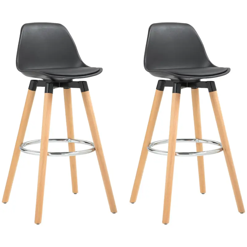 Juego de 2 Taburetes Altos de Cocina 69 cm Tapizado en PU con Respaldo Patas de Madera para Comedor Negro