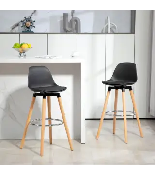Juego de 2 Taburetes Altos de Cocina 69 cm Tapizado en PU con Respaldo Patas de Madera para Comedor Negro