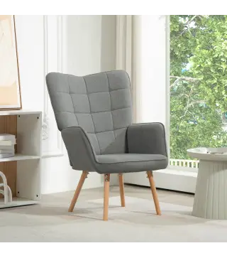 Butaca de Dormitorio con Respaldo Alto Reposabrazos Tela de Lino y Patas de Madera para Sala de Estar 71x76x101 cm Gris
