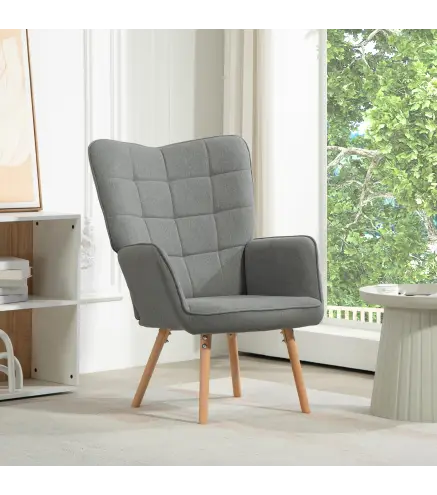 Butaca de Dormitorio con Respaldo Alto Reposabrazos Tela de Lino y Patas de Madera para Sala de Estar 71x76x101 cm Gris