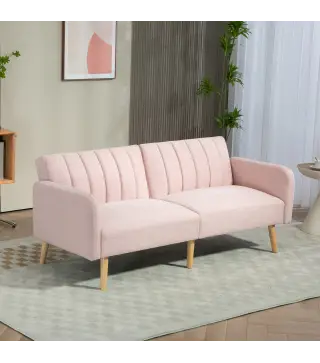 Sofá Cama de 3 Plazas Rosa Pastel Tapizado en Lino Sintético con Respaldo Ajustable y Reposabrazos Desmontables 173x75x7