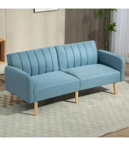 Sofá Cama de 3 Plazas Azul Polvo Tapizado en Lino Sintético con Respaldo Ajustable y Reposabrazos Desmontables 173x75x73