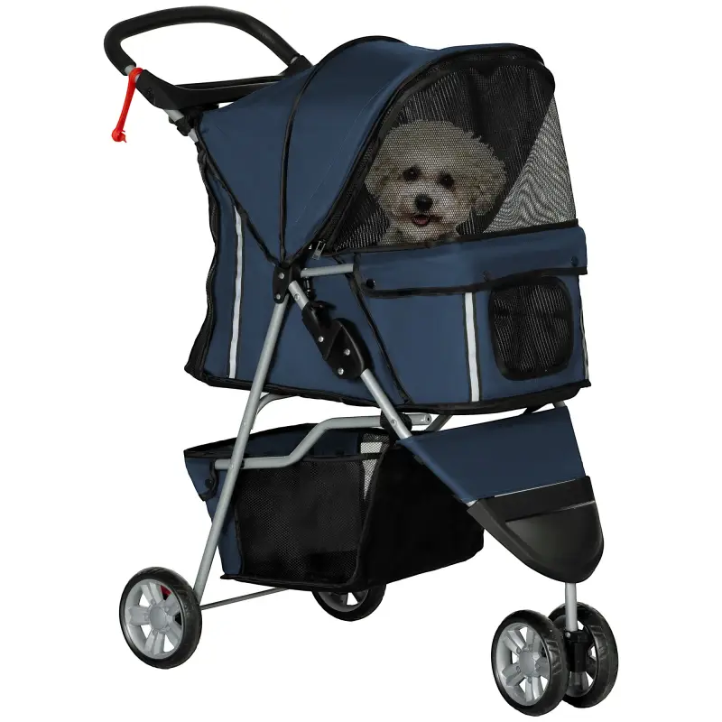 Carrito para Perros Pequeños con Cesta de Almacenaje Ventanas de Malla y 2 Ruedas Universales 75x45x97 cm Azul Oscuro