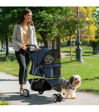 Carrito para Perros Pequeños con Cesta de Almacenaje Ventanas de Malla y 2 Ruedas Universales 75x45x97 cm Azul Oscuro