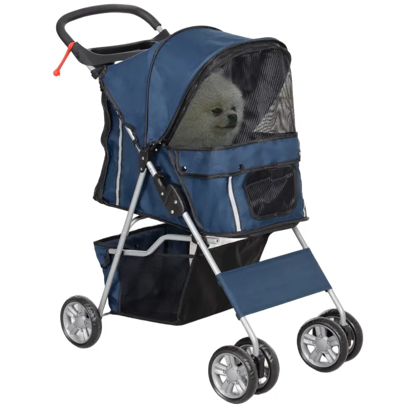 Carrito para Perros Pequeños con Toldo Ajustable Cesta de Almacenaje Portavasos y Ruedas 75x45x97 cm Azul Oscuro