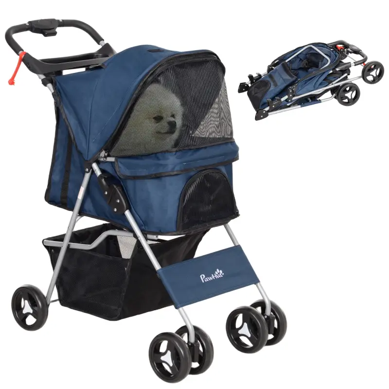 Carrito para Perros con Toldo Ajustable Cesta de Almacenaje y Ruedas con Freno Tela Oxford 77x45x99,5 cm Azul Oscuro