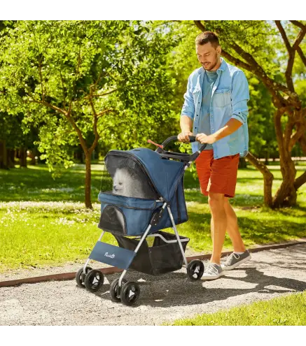 Carrito para Perros con Toldo Ajustable Cesta de Almacenaje y Ruedas con Freno Tela Oxford 77x45x99,5 cm Azul Oscuro