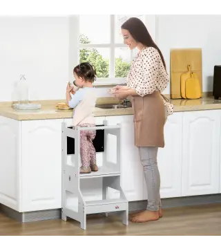 Torre de Aprendizaje 2 en 1 Convertible en Escritorio con Pizarra y Barra de Seguridad 42x44x86 cm Gris