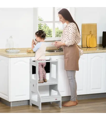 Torre de Aprendizaje 2 en 1 Convertible en Escritorio con Pizarra y Barra de Seguridad 42x44x86 cm Gris